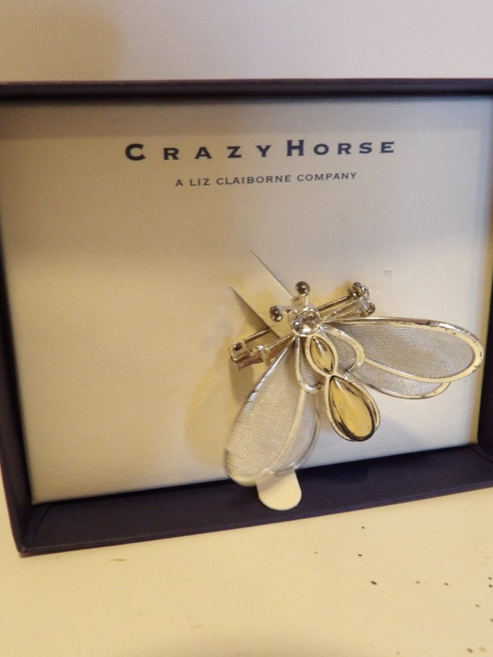 + Vintage Crazy Horse Liz Claiborne Articulated Dragonfly Brooch Mesh Wings NIB